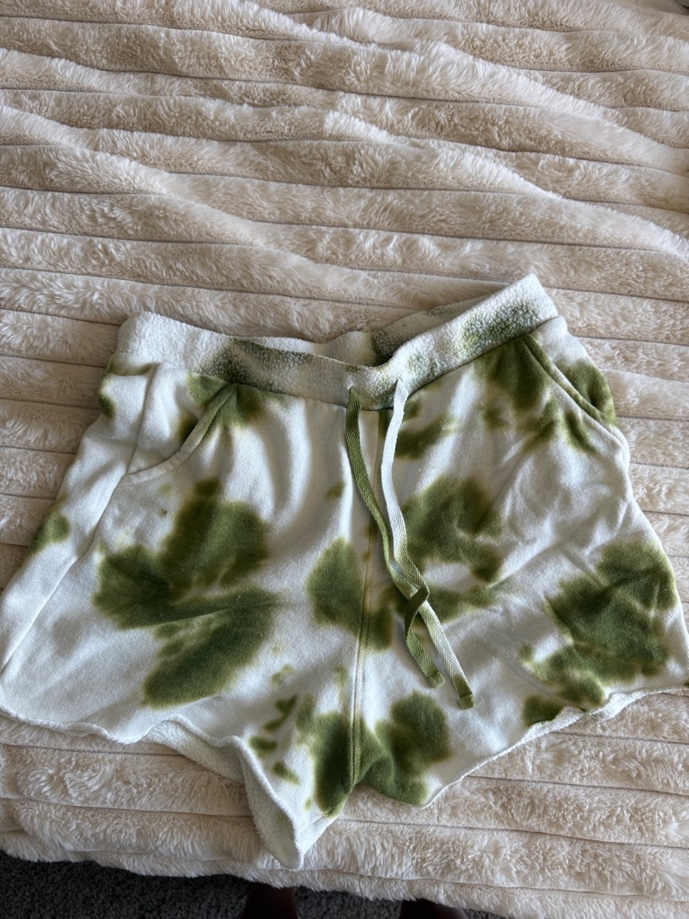 Free People White and Olive Green Tie-Dye Athletic Shorts